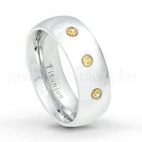 0.21ctw Citrine 3-Stone Ring - November Birthstone Ring - 8mm Polished Finish Comfort Fit Dome White Titanium Wedding Ring TM538-CN