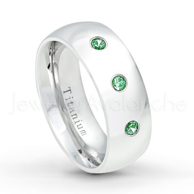 0.21ctw Diamond & Emerald 3-Stone Ring - May Birthstone Ring - 8mm Polished Finish Comfort Fit Dome White Titanium Wedding Ring TM538-ED