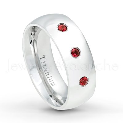 0.21ctw Garnet & Diamond 3-Stone Ring - January Birthstone Ring - 8mm Polished Finish Comfort Fit Dome White Titanium Wedding Ring TM538-GR