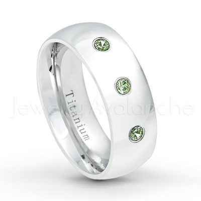 0.21ctw Green Tourmaline & Diamond 3-Stone Ring - October Birthstone Ring - 8mm Polished Finish Comfort Fit Dome White Titanium Wedding Ring TM538-GTM