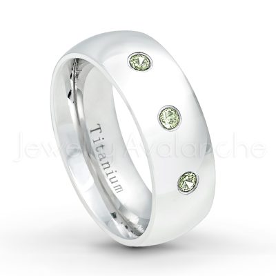 0.21ctw Peridot 3-Stone Ring - August Birthstone Ring - 8mm Polished Finish Comfort Fit Dome White Titanium Wedding Ring TM538-PD