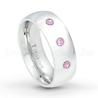 0.21ctw Pink Tourmaline 3-Stone Ring - October Birthstone Ring - 8mm Polished Finish Comfort Fit Dome White Titanium Wedding Ring TM538-PTM
