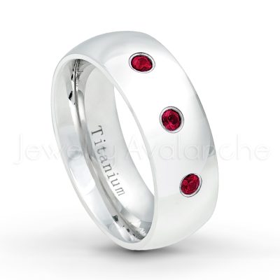 0.21ctw Diamond & Ruby 3-Stone Ring - July Birthstone Ring - 8mm Polished Finish Comfort Fit Dome White Titanium Wedding Ring TM538-RB