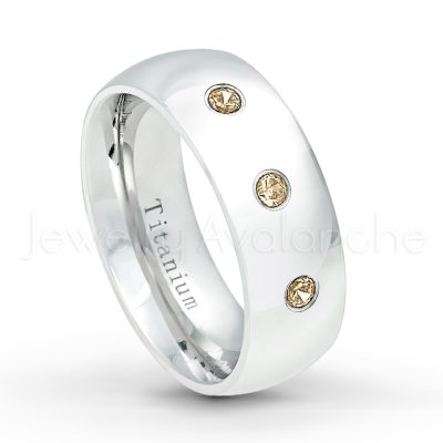 0.21ctw Smokey Quartz & Diamond 3-Stone Ring - November Birthstone Ring - 8mm Polished Finish Comfort Fit Dome White Titanium Wedding Ring TM538-SMQ
