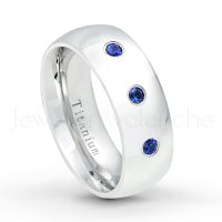 0.21ctw Blue Sapphire 3-Stone Ring - September Birthstone Ring - 8mm Polished Finish Comfort Fit Dome White Titanium Wedding Ring TM538-SP