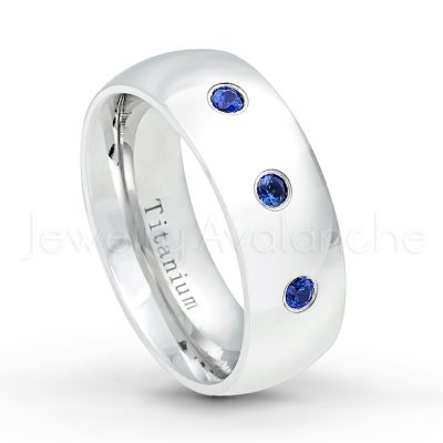 0.21ctw Blue Sapphire & Diamond 3-Stone Ring - September Birthstone Ring - 8mm Polished Finish Comfort Fit Dome White Titanium Wedding Ring TM538-SP