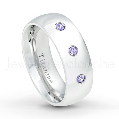 0.21ctw Tanzanite & Diamond 3-Stone Ring - December Birthstone Ring - 8mm Polished Finish Comfort Fit Dome White Titanium Wedding Ring TM538-TZN