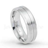7mm White Titanium Wedding Band - Satin Finish Grooved Center Comfort Fit Titanium Ring - Anniversary Ring TM540PL