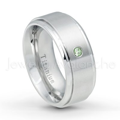 0.21ctw Alexandrite 3-Stone Ring - June Birthstone Ring - 9mm Satin Finish Comfort Fit Stepped Edge White Titanium Wedding Ring TM543-ALX