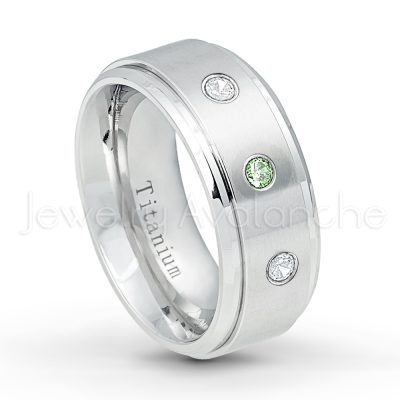 0.21ctw Alexandrite & Diamond 3-Stone Ring - June Birthstone Ring - 9mm Satin Finish Comfort Fit Stepped Edge White Titanium Wedding Ring TM543-ALX
