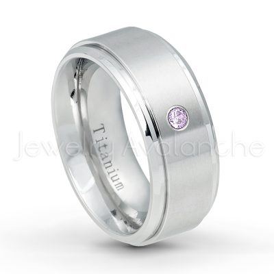 0.21ctw Amethyst & Diamond 3-Stone Ring - February Birthstone Ring - 9mm Satin Finish Comfort Fit Stepped Edge White Titanium Wedding Ring TM543-AMT