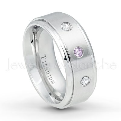 0.21ctw Amethyst & Diamond 3-Stone Ring - February Birthstone Ring - 9mm Satin Finish Comfort Fit Stepped Edge White Titanium Wedding Ring TM543-AMT
