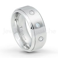 0.21ctw Aquamarine & Diamond 3-Stone Ring - March Birthstone Ring - 9mm Satin Finish Comfort Fit Stepped Edge White Titanium Wedding Ring TM543-AQM