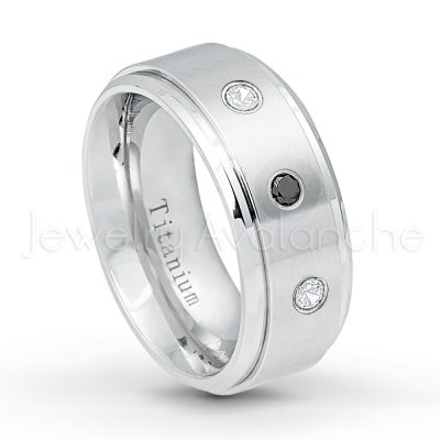0.07ctw Diamond Solitaire Ring - April Birthstone Ring - 9mm Satin Finish Comfort Fit Stepped Edge White Titanium Wedding Ring TM543-WD