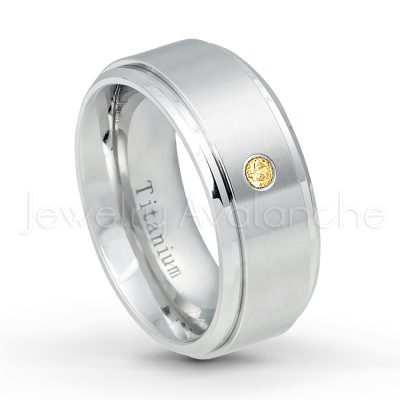 0.21ctw Citrine & Diamond 3-Stone Ring - November Birthstone Ring - 9mm Satin Finish Comfort Fit Stepped Edge White Titanium Wedding Ring TM543-CN