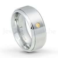 0.07ctw Citrine Solitaire Ring - November Birthstone Ring - 9mm Satin Finish Comfort Fit Stepped Edge White Titanium Wedding Ring TM543-CN