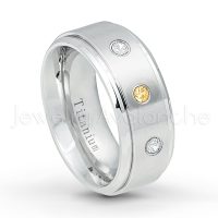 0.21ctw Citrine & Diamond 3-Stone Ring - November Birthstone Ring - 9mm Satin Finish Comfort Fit Stepped Edge White Titanium Wedding Ring TM543-CN