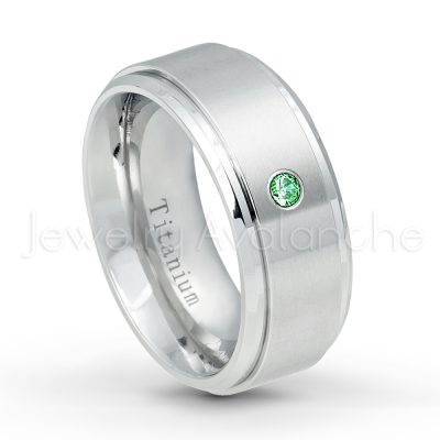0.21ctw Emerald 3-Stone Ring - May Birthstone Ring - 9mm Satin Finish Comfort Fit Stepped Edge White Titanium Wedding Ring TM543-ED