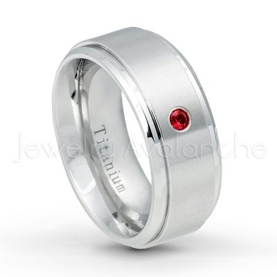 0.21ctw Garnet & Diamond 3-Stone Ring - January Birthstone Ring - 9mm Satin Finish Comfort Fit Stepped Edge White Titanium Wedding Ring TM543-GR