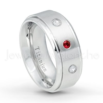 0.21ctw Garnet 3-Stone Ring - January Birthstone Ring - 9mm Satin Finish Comfort Fit Stepped Edge White Titanium Wedding Ring TM543-GR