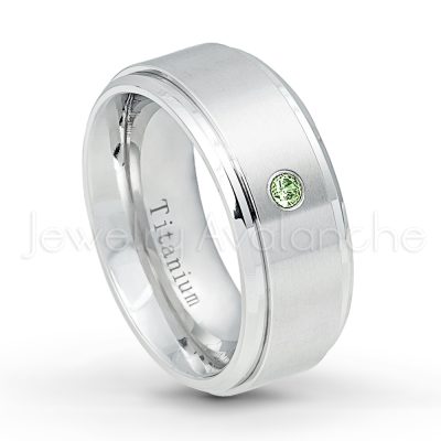 0.21ctw Diamond & Green Tourmaline 3-Stone Ring - October Birthstone Ring - 9mm Satin Finish Comfort Fit Stepped Edge White Titanium Wedding Ring TM543-GTM