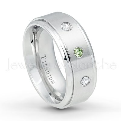 0.21ctw Diamond & Green Tourmaline 3-Stone Ring - October Birthstone Ring - 9mm Satin Finish Comfort Fit Stepped Edge White Titanium Wedding Ring TM543-GTM