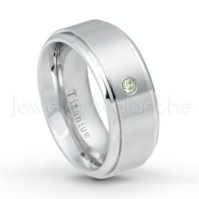 0.21ctw Peridot & Diamond 3-Stone Ring - August Birthstone Ring - 9mm Satin Finish Comfort Fit Stepped Edge White Titanium Wedding Ring TM543-PD