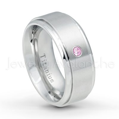 0.21ctw Pink Tourmaline 3-Stone Ring - October Birthstone Ring - 9mm Satin Finish Comfort Fit Stepped Edge White Titanium Wedding Ring TM543-PTM