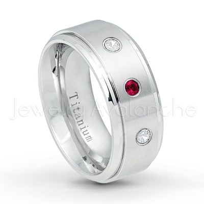 0.07ctw Ruby Solitaire Ring - July Birthstone Ring - 9mm Satin Finish Comfort Fit Stepped Edge White Titanium Wedding Ring TM543-RB
