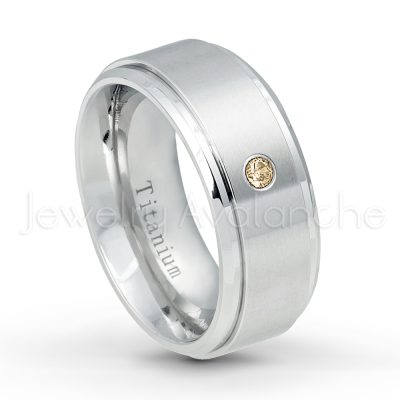 0.21ctw Smokey Quartz & Diamond 3-Stone Ring - November Birthstone Ring - 9mm Satin Finish Comfort Fit Stepped Edge White Titanium Wedding Ring TM543-SMQ