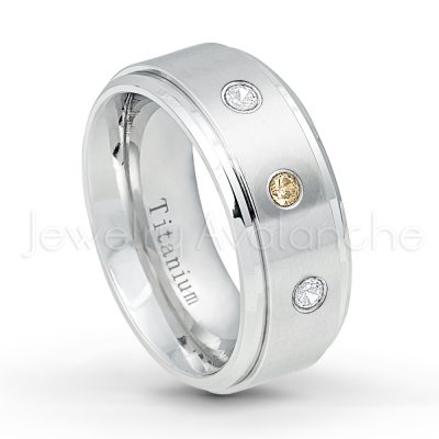 0.21ctw Smokey Quartz 3-Stone Ring - November Birthstone Ring - 9mm Satin Finish Comfort Fit Stepped Edge White Titanium Wedding Ring TM543-SMQ