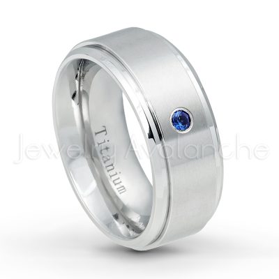 0.21ctw Blue Sapphire 3-Stone Ring - September Birthstone Ring - 9mm Satin Finish Comfort Fit Stepped Edge White Titanium Wedding Ring TM543-SP