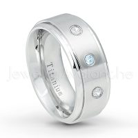 0.21ctw Topaz & Diamond 3-Stone Ring - November Birthstone Ring - 9mm Satin Finish Comfort Fit Stepped Edge White Titanium Wedding Ring TM543-TP