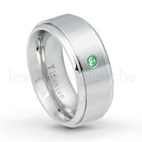 0.07ctw Tsavorite Solitaire Ring - January Birthstone Ring - 9mm Satin Finish Comfort Fit Stepped Edge White Titanium Wedding Ring TM543-TVR