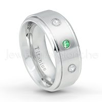 0.21ctw Tsavorite & Diamond 3-Stone Ring - January Birthstone Ring - 9mm Satin Finish Comfort Fit Stepped Edge White Titanium Wedding Ring TM543-TVR