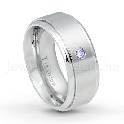 0.21ctw Tanzanite 3-Stone Ring - December Birthstone Ring - 9mm Satin Finish Comfort Fit Stepped Edge White Titanium Wedding Ring TM543-TZN