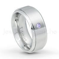 0.07ctw Tanzanite Solitaire Ring - December Birthstone Ring - 9mm Satin Finish Comfort Fit Stepped Edge White Titanium Wedding Ring TM543-TZN