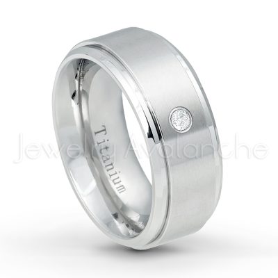 0.21ctw Black & White Diamond 3-Stone Ring - April Birthstone Ring - 9mm Satin Finish Comfort Fit Stepped Edge White Titanium Wedding Ring TM543-WD