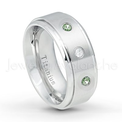 0.21ctw Alexandrite & Diamond 3-Stone Ring - June Birthstone Ring - 9mm Satin Finish Comfort Fit Stepped Edge White Titanium Wedding Ring TM543-ALX