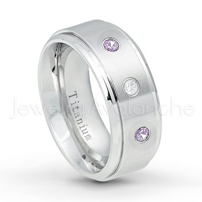 0.21ctw Amethyst 3-Stone Ring - February Birthstone Ring - 9mm Satin Finish Comfort Fit Stepped Edge White Titanium Wedding Ring TM543-AMT