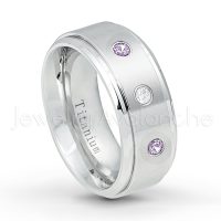 0.21ctw Diamond & Amethyst 3-Stone Ring - February Birthstone Ring - 9mm Satin Finish Comfort Fit Stepped Edge White Titanium Wedding Ring TM543-AMT