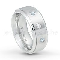 0.21ctw Diamond & Aquamarine 3-Stone Ring - March Birthstone Ring - 9mm Satin Finish Comfort Fit Stepped Edge White Titanium Wedding Ring TM543-AQM