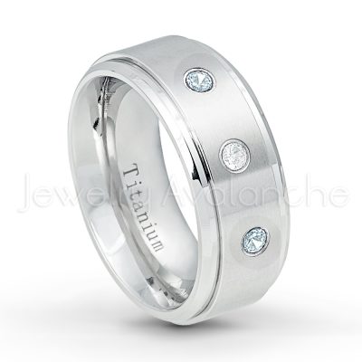 0.07ctw Aquamarine Solitaire Ring - March Birthstone Ring - 9mm Satin Finish Comfort Fit Stepped Edge White Titanium Wedding Ring TM543-AQM