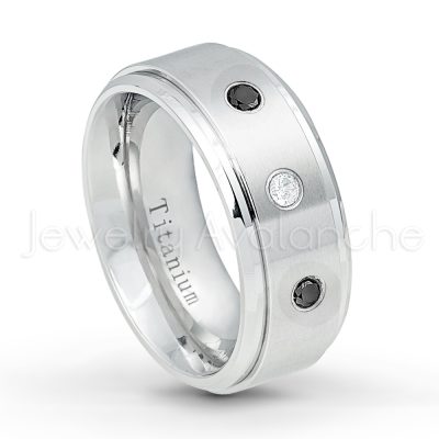 0.07ctw Diamond Solitaire Ring - April Birthstone Ring - 9mm Satin Finish Comfort Fit Stepped Edge White Titanium Wedding Ring TM543-WD