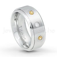 0.21ctw Diamond & Citrine 3-Stone Ring - November Birthstone Ring - 9mm Satin Finish Comfort Fit Stepped Edge White Titanium Wedding Ring TM543-CN