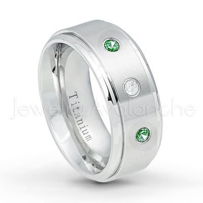 0.21ctw Emerald & Diamond 3-Stone Ring - May Birthstone Ring - 9mm Satin Finish Comfort Fit Stepped Edge White Titanium Wedding Ring TM543-ED