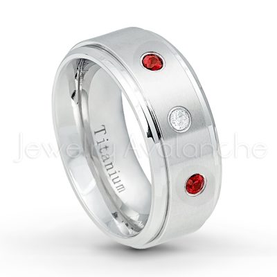 0.07ctw Garnet Solitaire Ring - January Birthstone Ring - 9mm Satin Finish Comfort Fit Stepped Edge White Titanium Wedding Ring TM543-GR