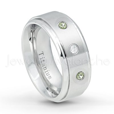 0.21ctw Peridot & Diamond 3-Stone Ring - August Birthstone Ring - 9mm Satin Finish Comfort Fit Stepped Edge White Titanium Wedding Ring TM543-PD