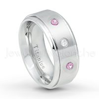 0.21ctw Diamond & Pink Tourmaline 3-Stone Ring - October Birthstone Ring - 9mm Satin Finish Comfort Fit Stepped Edge White Titanium Wedding Ring TM543-PTM