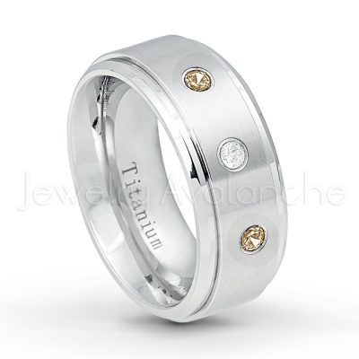 0.21ctw Smokey Quartz & Diamond 3-Stone Ring - November Birthstone Ring - 9mm Satin Finish Comfort Fit Stepped Edge White Titanium Wedding Ring TM543-SMQ